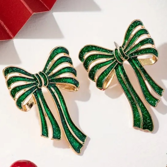 Green Bow Christmas Holiday Gold Toned Stud Earrings - Picture 1 of 2